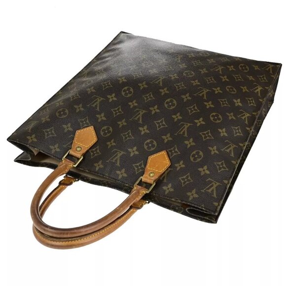 LOUIS VUITTON Logo Sac Plat Hand Tote Bag Monogram Leather Brown - Picture 10 of 14